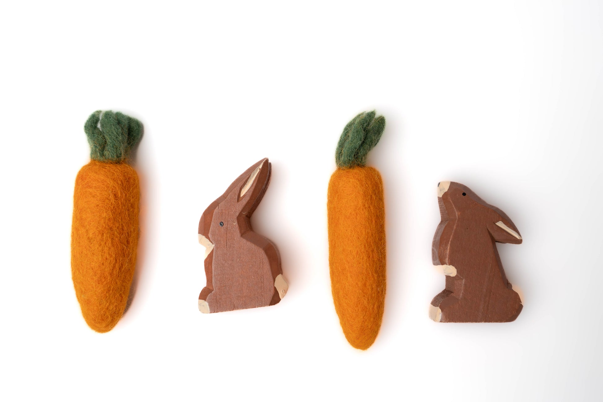 Wooden bunny characters (2) and felt carrots (2)