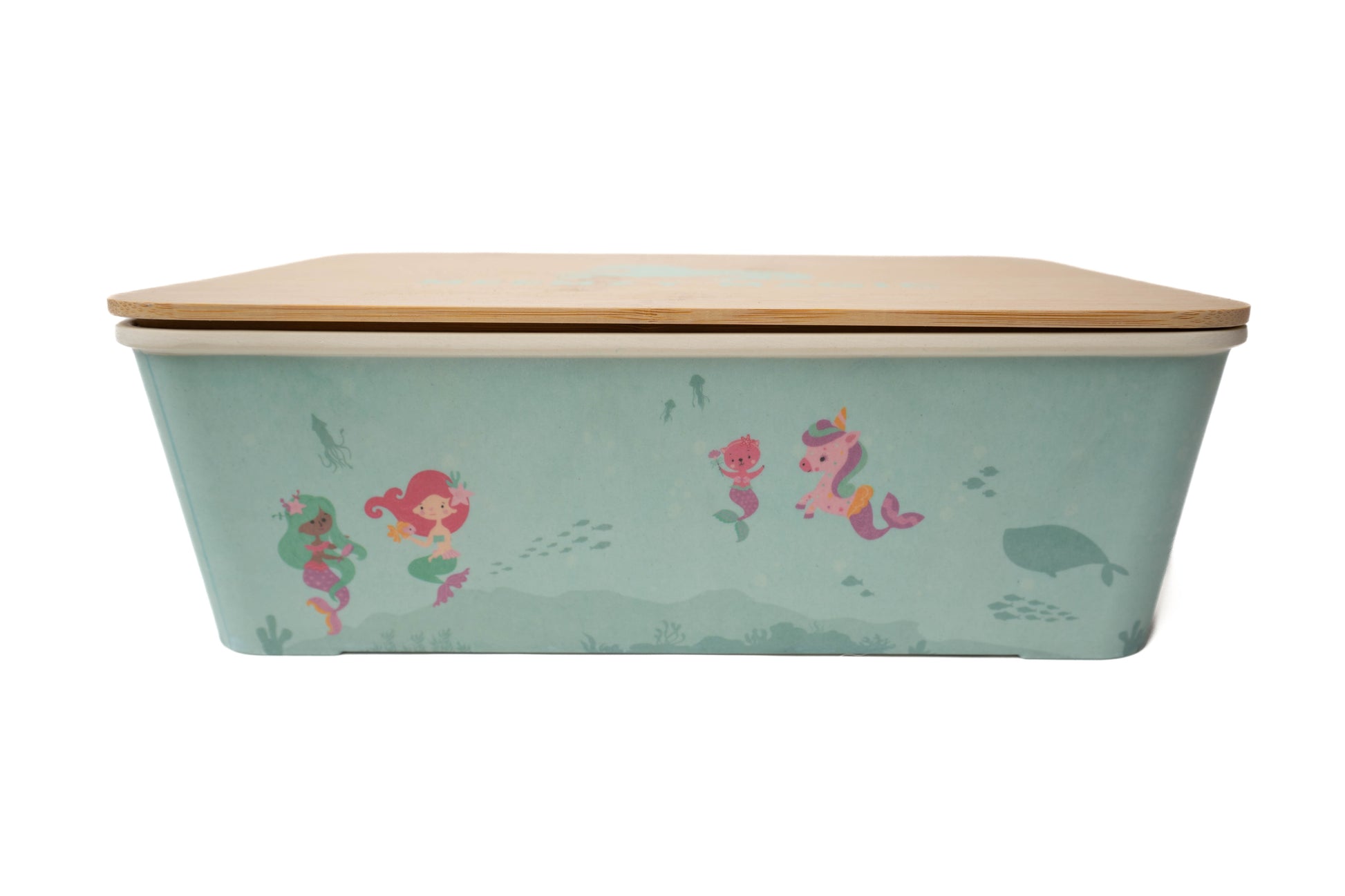Mermaid bamboo bento box for storage with mermaids under the sea designs