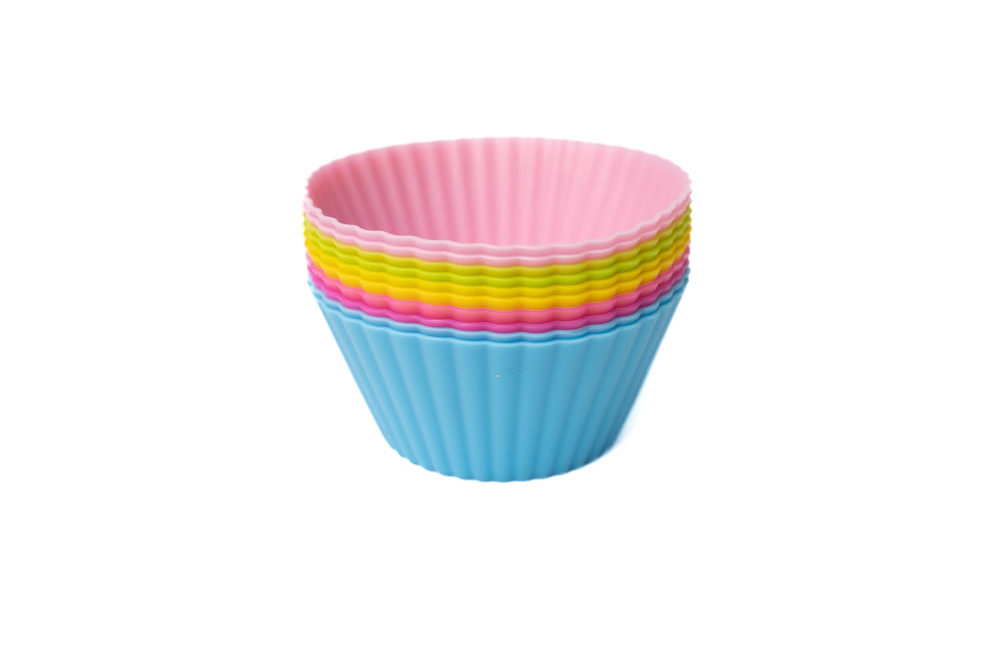 Rainbow colored silicon cupcake wrappers in blue, purple, pink, yellow, green, and light pink