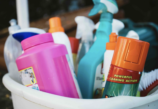 basket of cleaning supplies for non-toxic cleaning