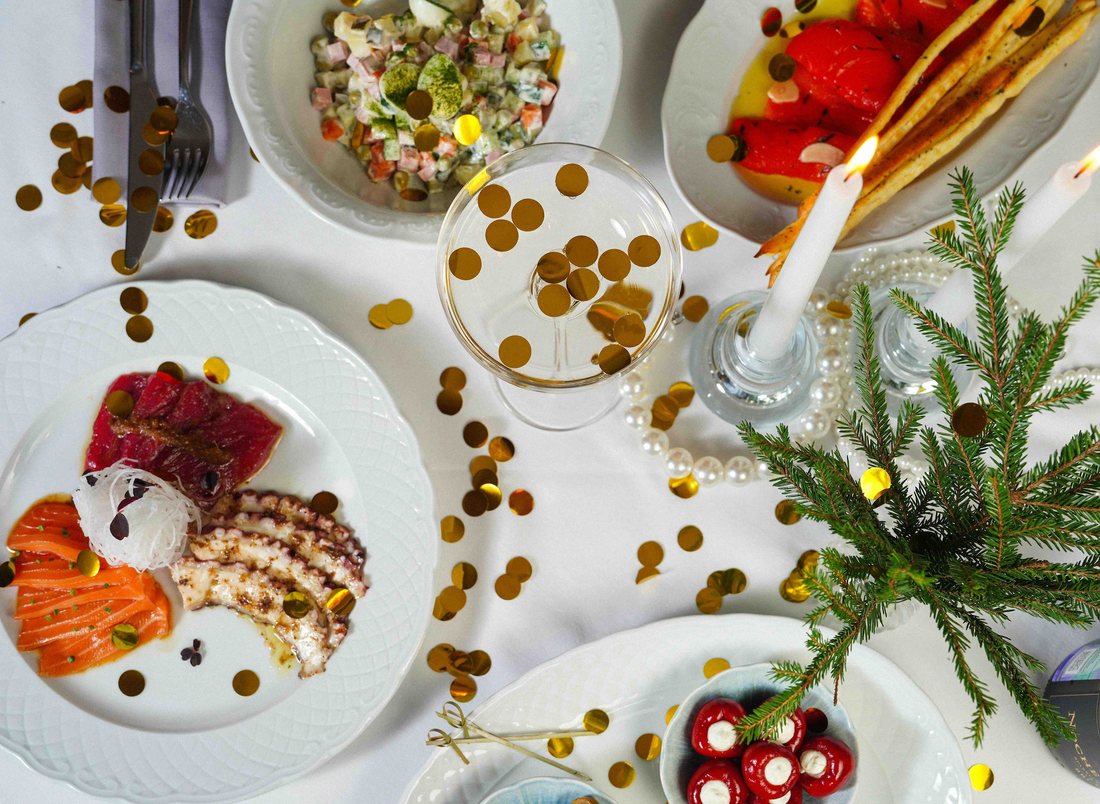 Holiday food on a festive holiday table