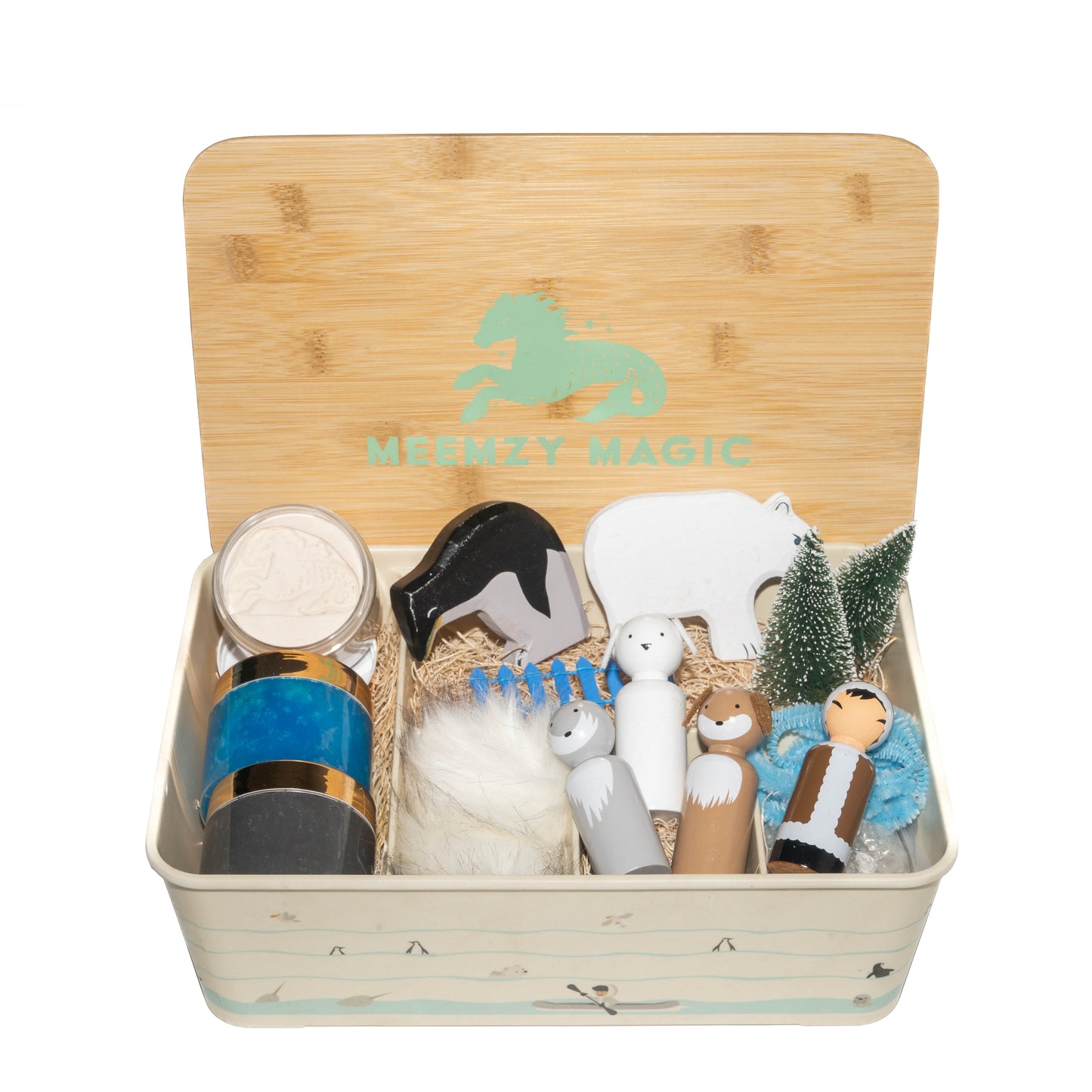 Arctic Adventure kit and it's contents featuring peg dolls, pipe cleaners, play dough and a wood fox