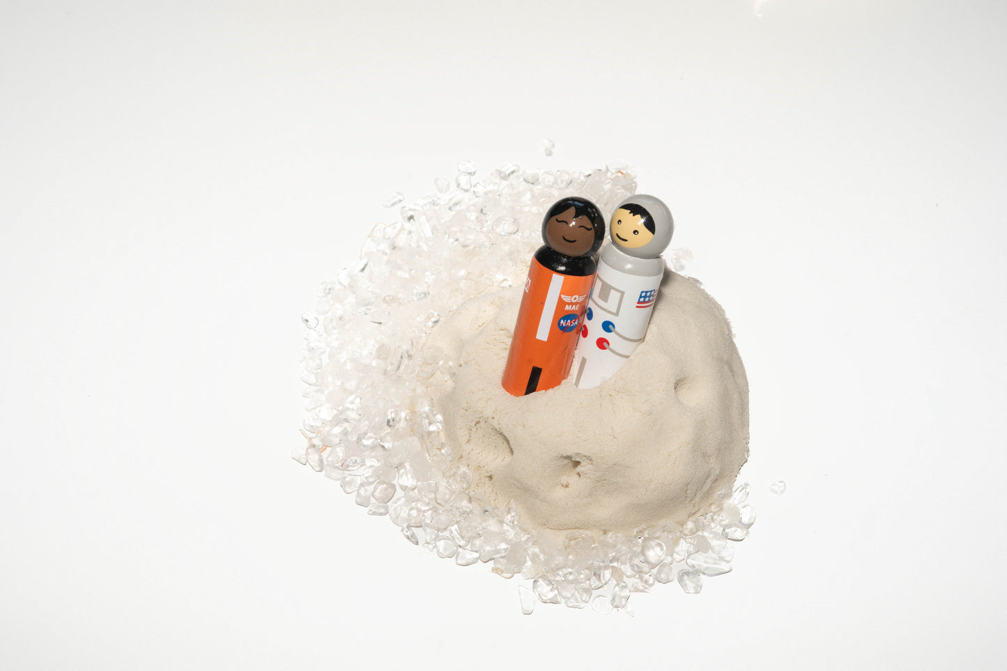 Astronaut wooden peg dolls hand painted with white sand and clear crystal rocks