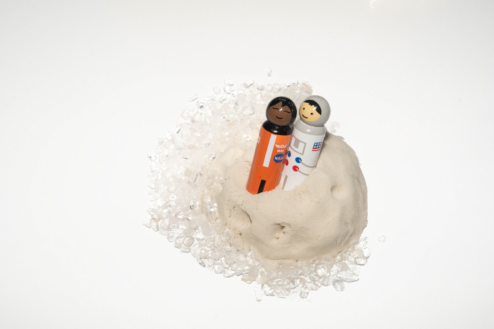 Astronaut wooden peg dolls hand painted with white sand and clear crystal rocks