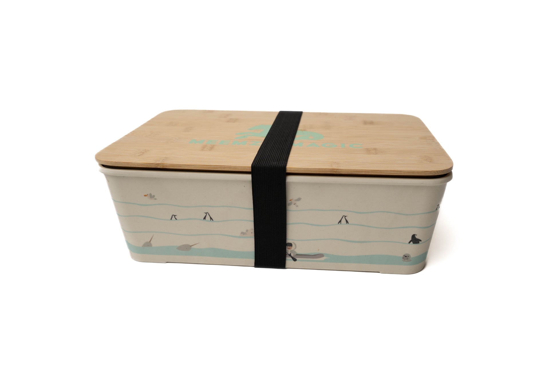 Bamboo bento box for storage with arctic design featuring Inuit people canoeing, penguins, seals, narwhals, and other arctic animals