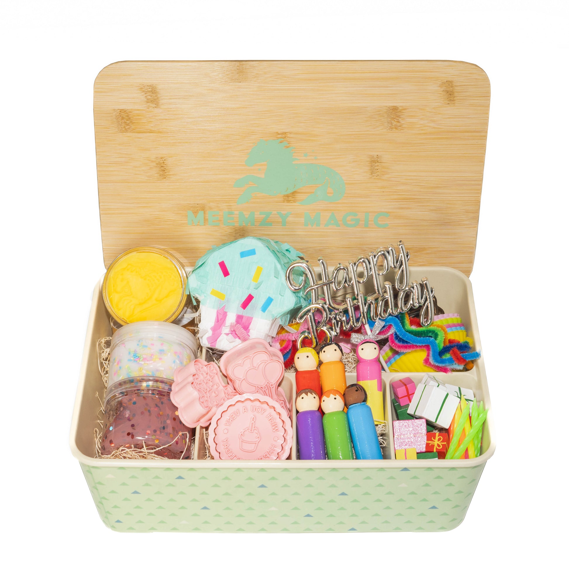 Birthday Magic Kit in it's box with colorful pipe cleaners, peg dolls, birthday presents, and a happy birthday cake topper