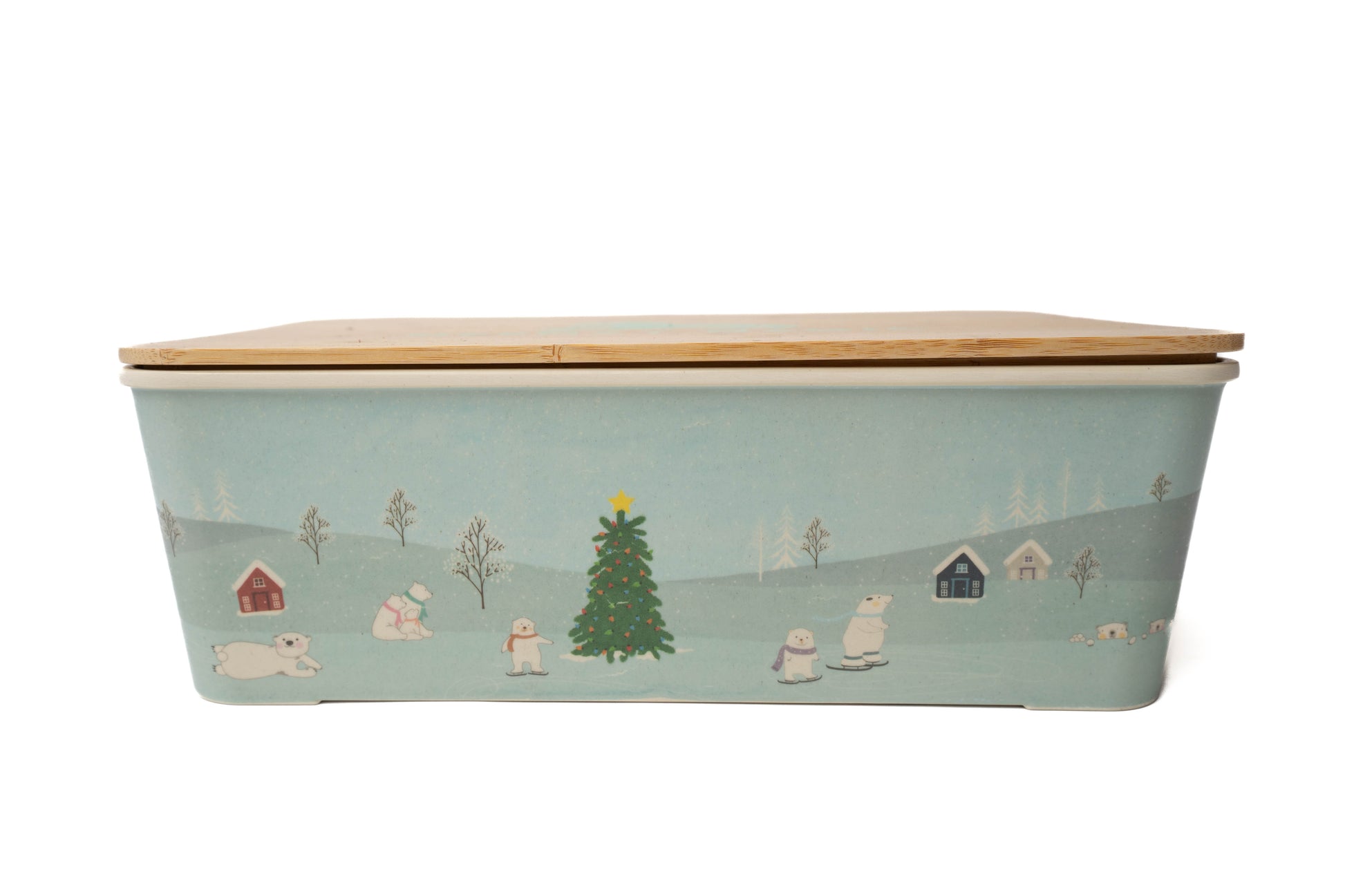 Christmas bamboo bento box for storage with Christmas design wrap includes Christmas tree, polar bears, North Pole landscape, and snow covered houses