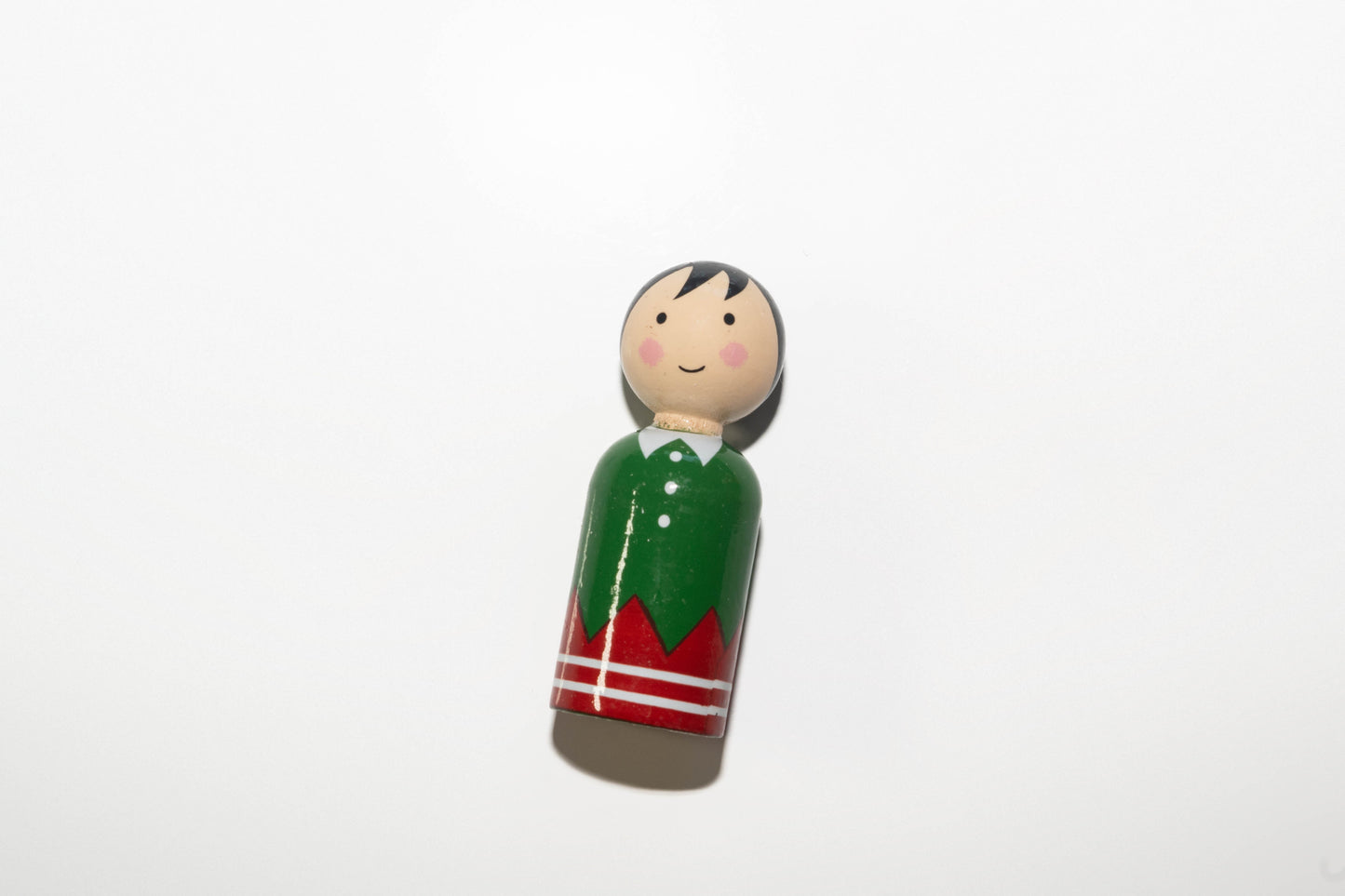 Christmas elf wooden peg doll hand painted in green and red elf uniform