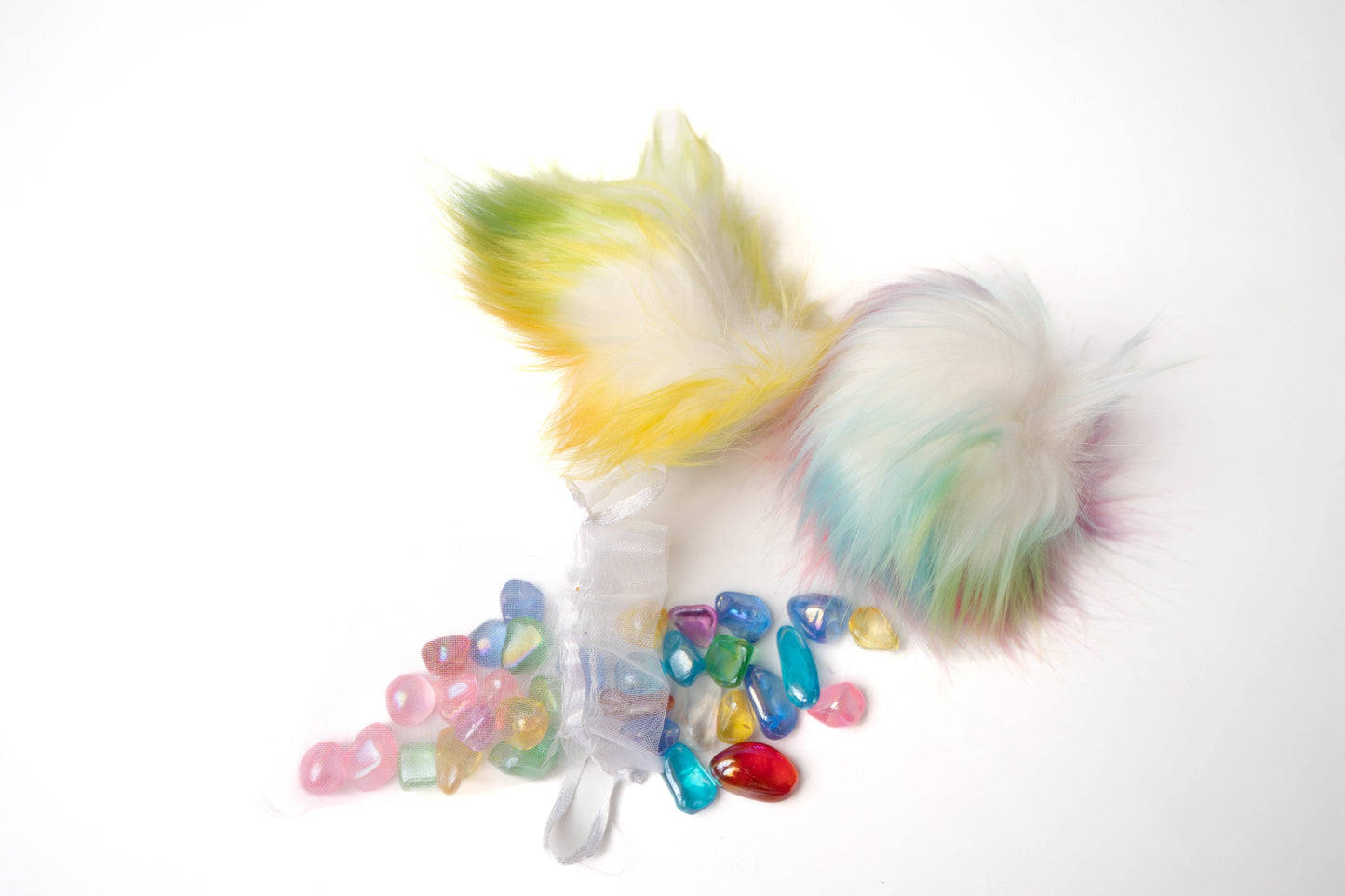 Colorful glass stones and rainbow pom poms (2)