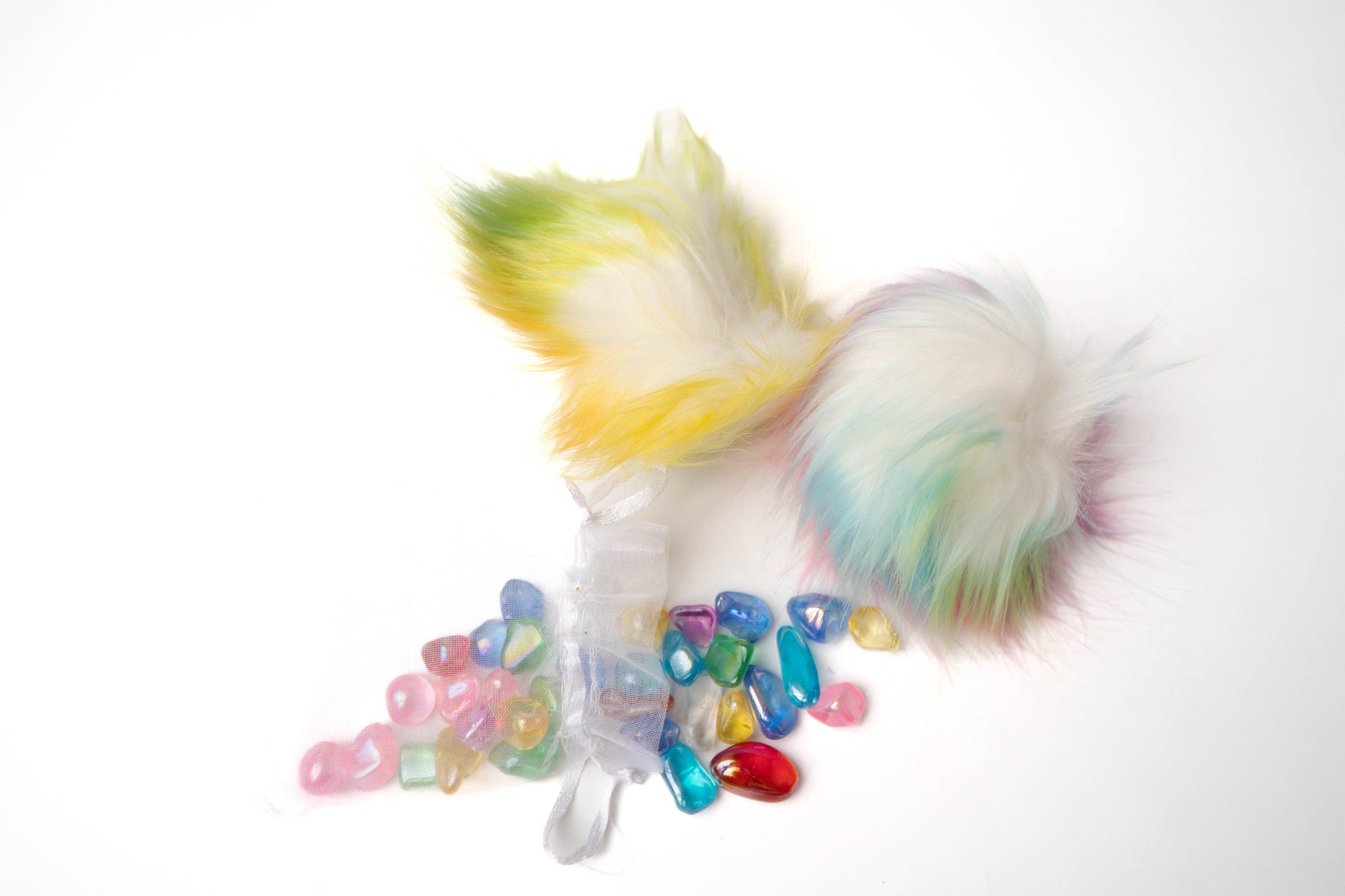 Colorful glass stones and rainbow pom poms (2)