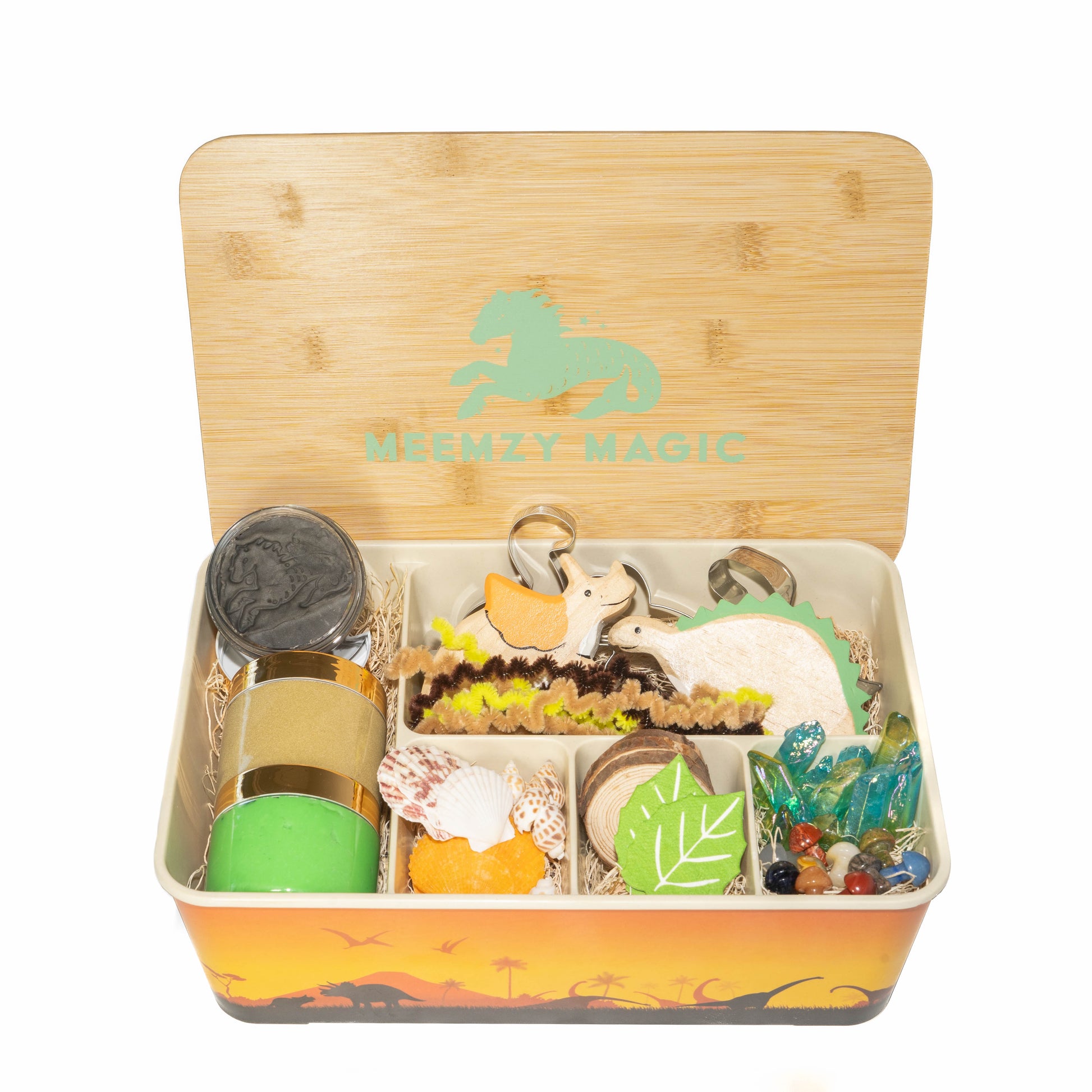 Dinosaurs sensory kit including contents of wood dinos, play dough, pipe cleaners and cookie cutters