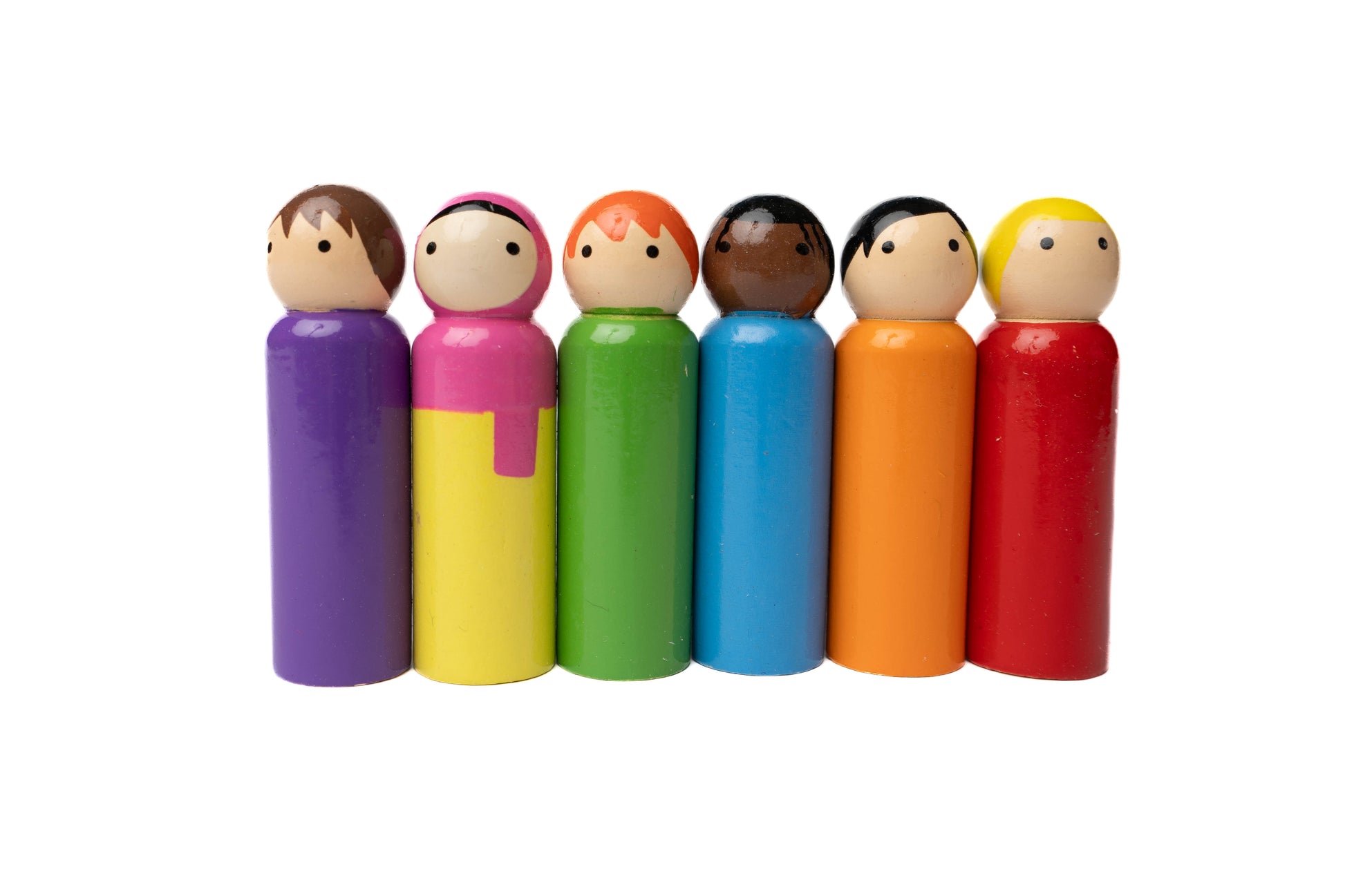 Rainbow peg dolls, wooden, hand painted, yellow, pink hijab, purple, blue, green, orange and red clothes