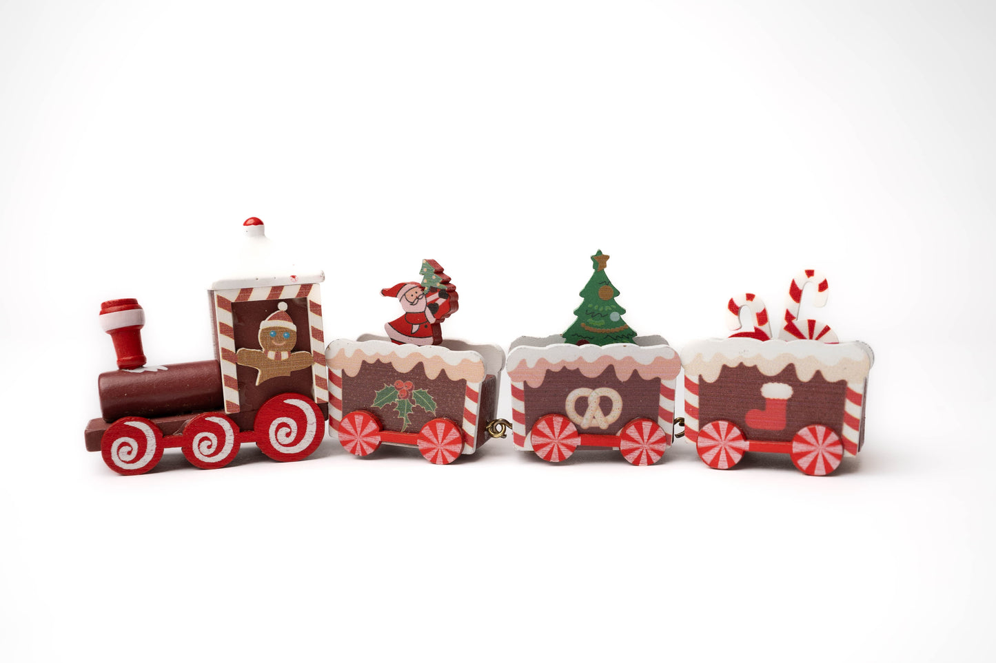 wood Christmas train with Santa, gingerbread man, Christmas tree, and peppermint candies