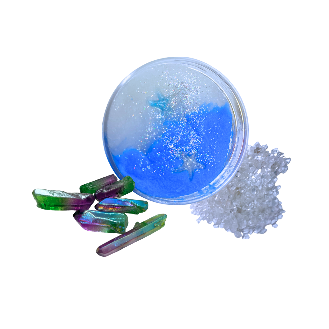 cloud slime with silver glitter sparkles, purple and green space crystals, white crystal chips